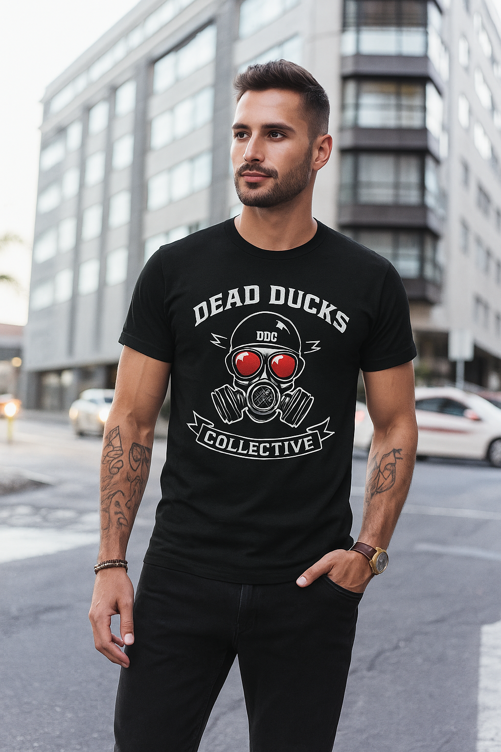 Man wearing a black t-shirt with 'Dead Ducks Collective' design in an urban setting