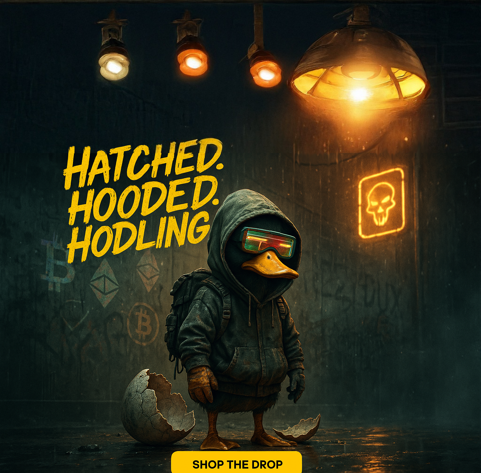 Duck in a hoodie with 'Hatched. Hooded. Hodling' text and neon sign in a dark room.